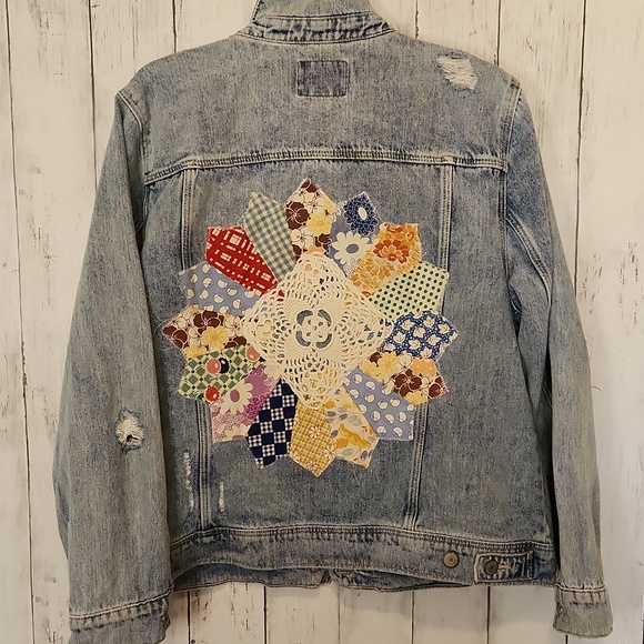 Upcycled Old Navy Light Wash Distressed Denim Jacket with Patch Detail XL - Picture 7 of 8
